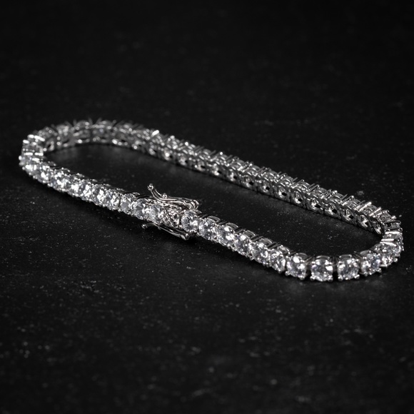Men's White Gold Plated Silver Cz Iced 30 Pointer Tennis Chain Bracelet - Picture 3 of 4
